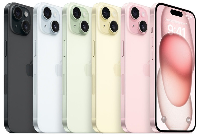 Apple iPhone 15 Plus colours (USA model with mmWave antenna window on the side)